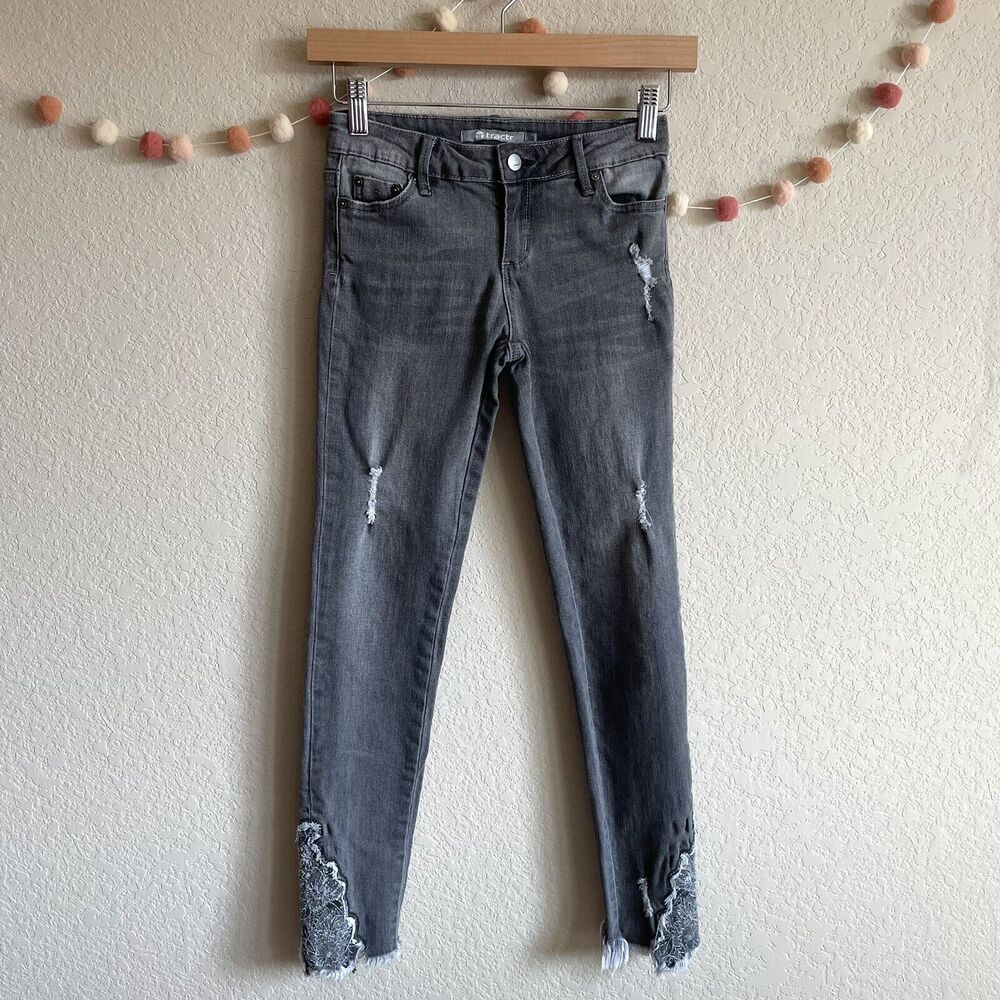 Tractr Jeans Girls Size 12 Grey Distressed with‎ Embroidery on Ankle